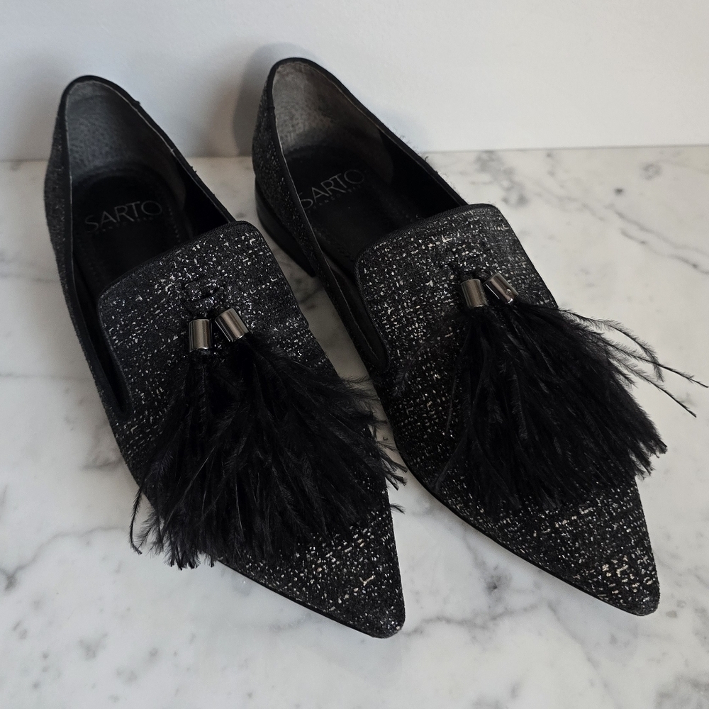 Franco Sarto TOPAZ Black Tweed Shimmer Feather Tassel Point Toe Flats Size 7 - Picture 2 of 12